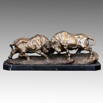 Animal Bronze Sculpture Cattle Bullfight Carving Deco Brass Statue Tpal-042